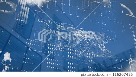 Image of interface with data processing and world map against low angle view of tall building 116207456