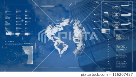 Image of interface with data processing and spinning globe over low angle view of tall building 116207457