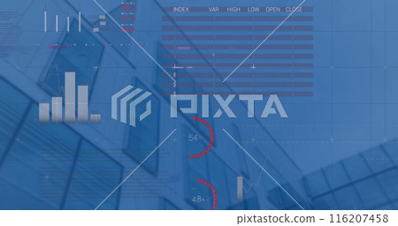 Image of statistical data processing against low angle view of tall building 116207458