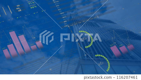 Image of statistical data processing against low angle view of tall building 116207461