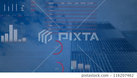 Image of statistical data processing against low angle view of tall building 116207462