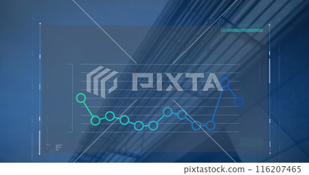 Image of interface with statistical data processing against low angle view of tall building 116207465