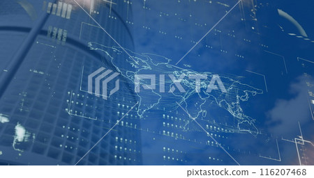 Image of interface with data processing and world map against low angle view of tall building 116207468