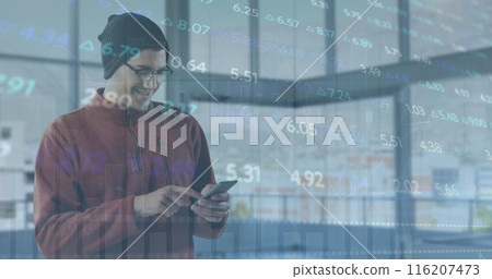 Image of stock market data processing against caucasian man smiling while using smartphone Image of stock market data processing against caucasian man smiling while using smartphone 116207473
