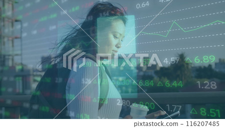 Image of stock market data processing against asian woman using smartphone on the street 116207485