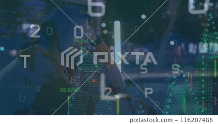 Image of financial data processing over caucasian man using smartphone smiling on the street Image of financial data processing over caucasian man using smartphone smiling on the street 116207488