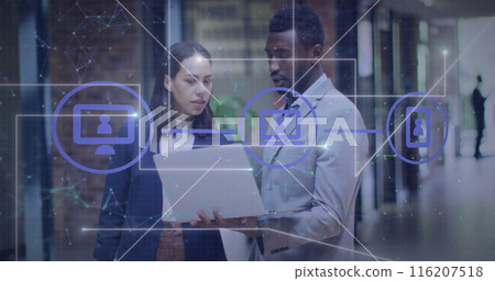 Image of lines, connected icons over connected dots, diverse coworkers discussing reports 116207518