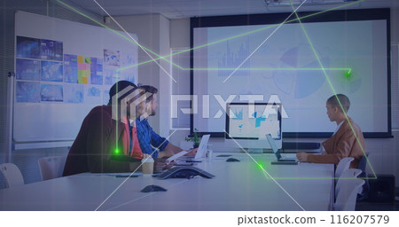 Image of glowing connecting dots against diverse colleagues having a image conference at office 116207579