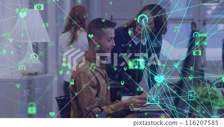 Image of globes of digital icons spinning against two diverse man and woman discussing at office 116207585
