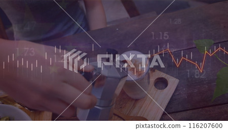 Image of line graph, heart rhythm, changing numbers, caucasian barista pouring coffee in cup Image of line graph, heart rhythm, changing numbers, caucasian barista pouring coffee in cup 116207600