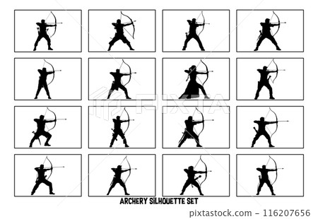 Archery silhouettes set, Man archery silhouette , Woman archery silhouette. 116207656