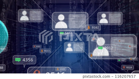 Image of globe, binary coding and data processing over computer servers 116207657