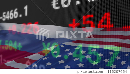 Image of financial data processing over flag of united states of america and russia 116207664
