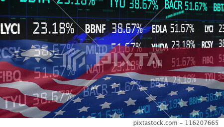Image of financial data processing over flags of taiwan and usa Image of financial data processing over flags of taiwan and usa 116207665