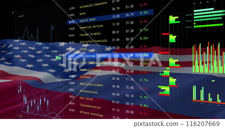 Image of financial data processing over flag of united states of america and russia 116207669