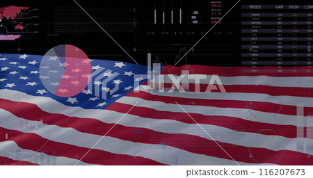 Image of financial data processing over flag of united states of america Image of financial data processing over flag of united states of america 116207673