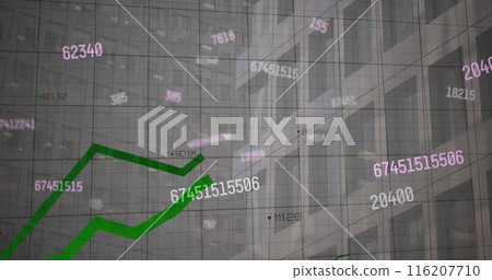 Numbers and graphs are overlaying tall office buildings, showing financial data Numbers and graphs are overlaying tall office buildings, showing financial data 116207710