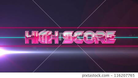 Image of high score text over neon banner and light spot against black background 116207765