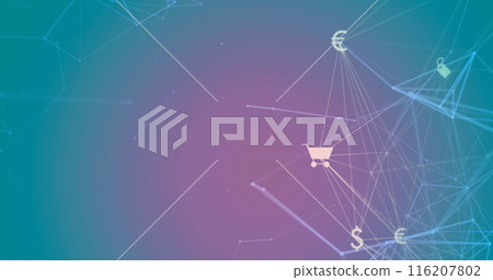 Image of network of connections, globe of digital icons against purple gradient background Image of network of connections, globe of digital icons against purple gradient background 116207802