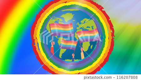 Image of hands waving rainbow pride flags over globe in rainbow circle Image of hands waving rainbow pride flags over globe in rainbow circle 116207808