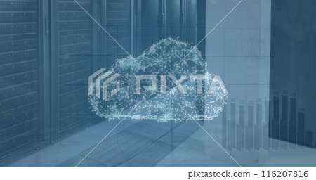 Image of cloud icon over statistical data processing against server room 116207816