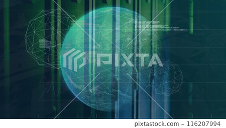 Image of spinning globe and statistical data processing against computer server room 116207994