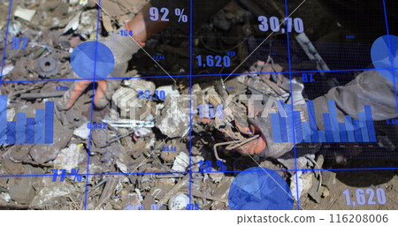 Image of statistical data processing against mid section of male worker working at junkyard Image of statistical data processing against mid section of male worker working at junkyard 116208006
