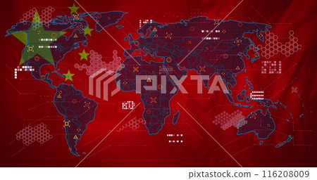 Image of world map against waving china flag background Image of world map against waving china flag background 116208009