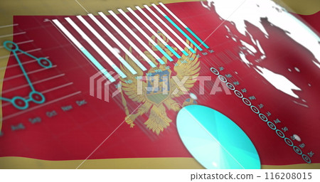 Image of statistical data processing against waving montenegro flag background Image of statistical data processing against waving montenegro flag background 116208015