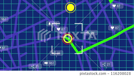 Image of social media icons over navigation map lines against blue background 116208028