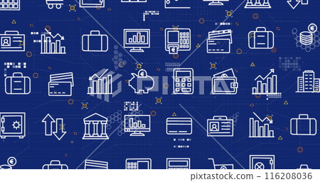 Image of multiple digital icons and microprocessor connections against blue background 116208036