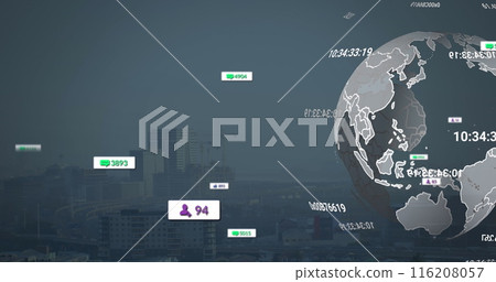 Image of social media icons over spinning globe against aerial view of cityscape 116208057