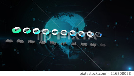 Image of calendar data processing and light spot over spinning globe against black background 116208058