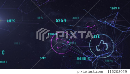 Image of network of digital icons and light spot against space in background Image of network of digital icons and light spot against space in background 116208059