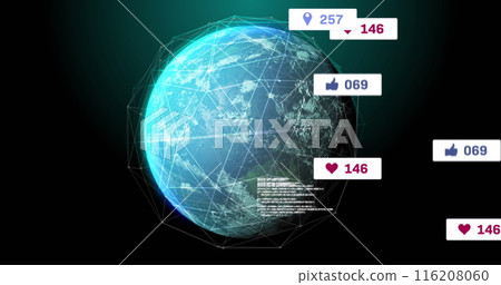 Image of notification bars and connected dots around globe over black background 116208060