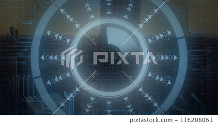 Image of arrow in loading circle and circuit board pattern over aerial view of modern buildings 116208061