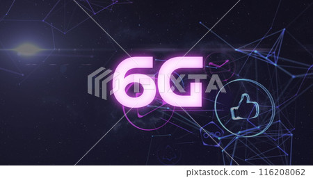 Image of 6g text banner, light spot and network of digital icons against space in background Image of 6g text banner, light spot and network of digital icons against space in background 116208062