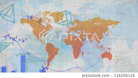 Image of graph, mathematical equation and diagrams with map over white background 116208128