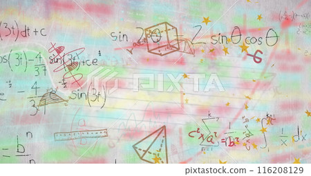 Image of mathematical equation and diagrams over multicolored trading board 116208129