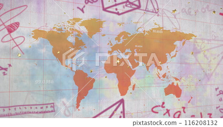 Image of mathematical equations and diagrams with school supplies over map 116208132
