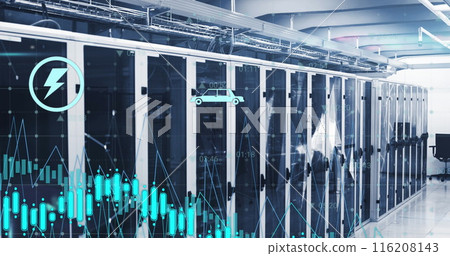 Image of graphs, icons and connected dots on data server racks in server room 116208143