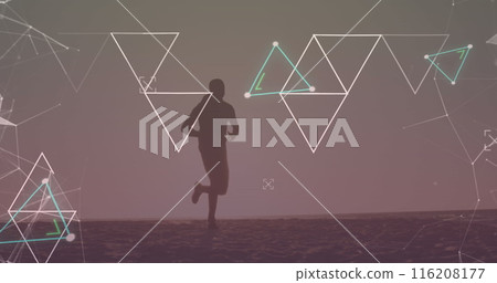 Image of multiple triangles over silhouette of african american man running on beach Image of multiple triangles over silhouette of african american man running on beach 116208177