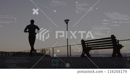 Image of connected dots and computer language over african american man running at beach 116208179