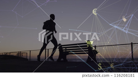 Image of connected icon globe over silhouette of african american man running at beach Image of connected icon globe over silhouette of african american man running at beach 116208181