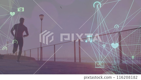 Image of connected icons forming globes over african american man running at beach Image of connected icons forming globes over african american man running at beach 116208182