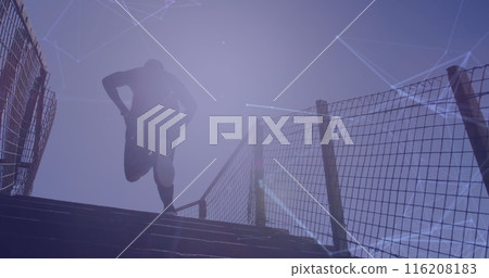 Image of connected dots over low angle view of african american man running up stairs Image of connected dots over low angle view of african american man running up stairs 116208183