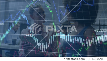 Image of multiple graphs and diverse female colleague discussing over tablet in office 116208200