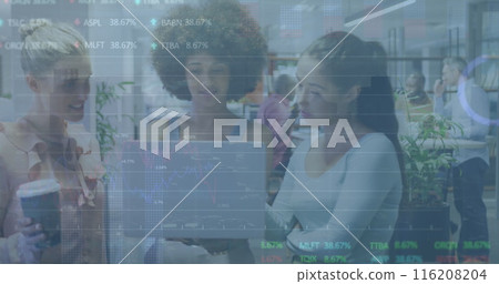 Image of graphs and trading board over diverse female colleague discussing over laptop 116208204