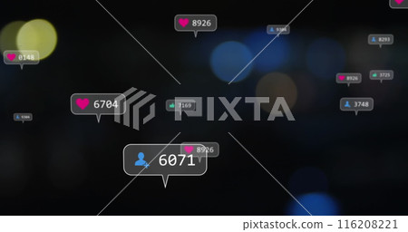 Image of notification icons with changing numbers over lens flare 116208221