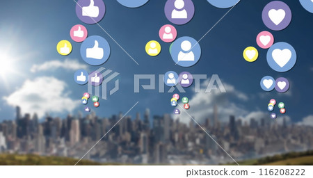 Image of colorful profile, heart and like icons over aerial view of modern cityscape under sky 116208222